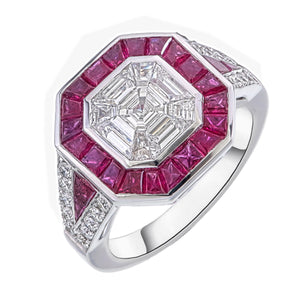 Elegant Asscher Pie Cut Diamond and Ruby Ring for Women