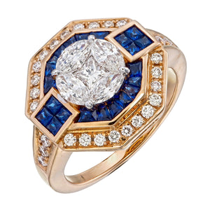 Elegant Diamond Cluster Ring Featuring Blue Sapphires for Women and Girls