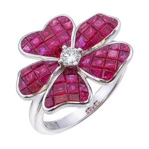 Gorgeous Flower Ring with Invisible Set Ruby and Diamonds for Women and Girls