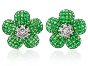 Gorgeous Flower Earrings Set with Invisible Setting and Tsavorite for Women and Girls
