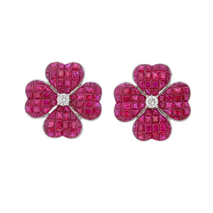 Invisible Set Ruby and Diamond Earrings in Floral Design for Women and Girls
