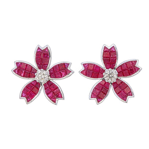 Invisible Set Ruby and Diamond Floral Earrings Jewelry for Women and Girls